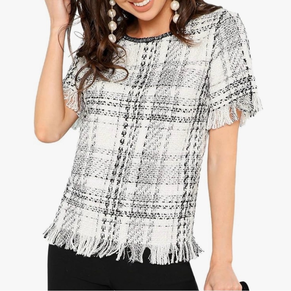 Plaid Fringe Tweed Dressy Sweater Top-Large